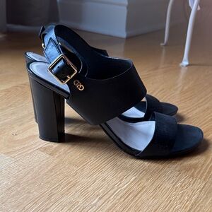 Cole Haan Black Block Heel Slingback Sandals with Gold Buckle